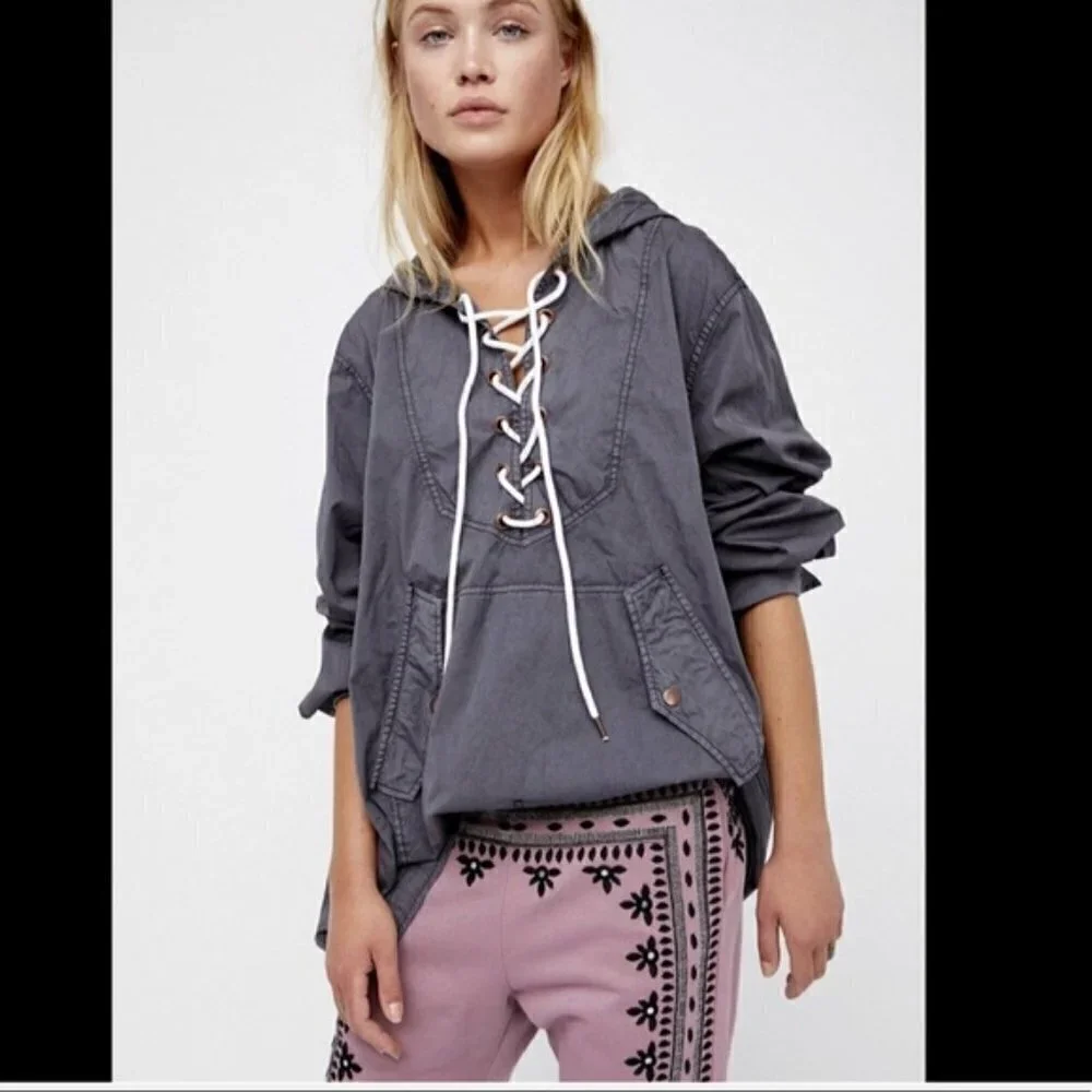 Free People Poplin Lace Pullover Hooded Jacket Sm